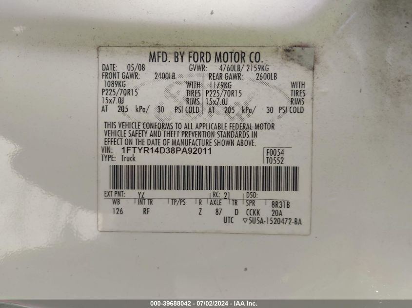 2008 Ford Ranger Xl/Xlt VIN: 1FTYR14D38PA92011 Lot: 39688042