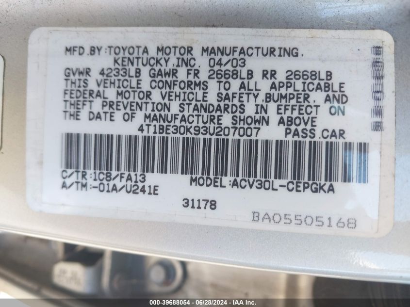 2003 Toyota Camry Xle VIN: 4T1BE30K93U207007 Lot: 39688054