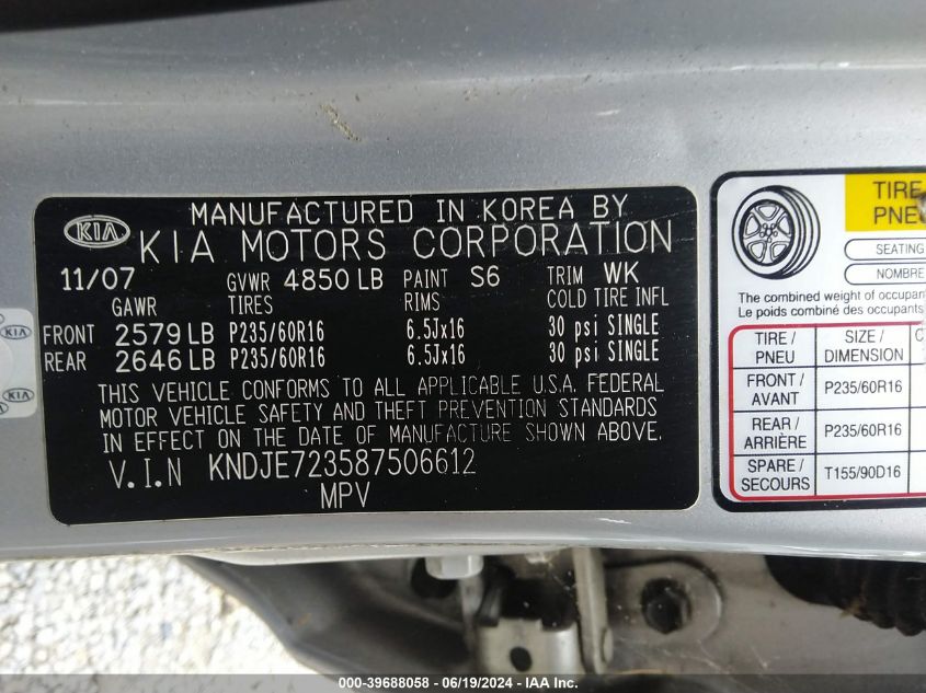 2008 Kia Sportage Lx V6 VIN: KNDJE723587506612 Lot: 39688058