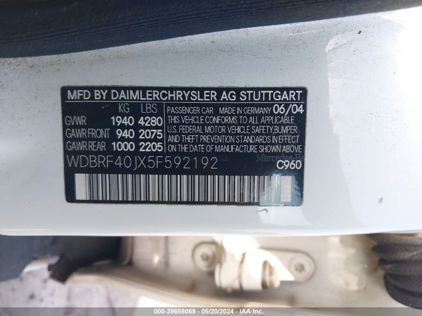 2005 Mercedes-Benz C 230 Kompressor Sport VIN: WDBRF40JX5F592192 Lot: 39688069