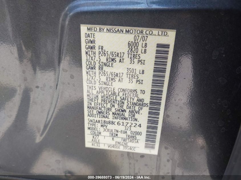 2008 Nissan Pathfinder Se VIN: 5N1AR18U88C617224 Lot: 39688073