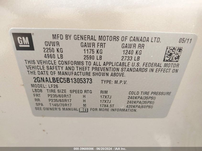 2011 Chevrolet Equinox Ls VIN: 2GNALBEC5B1305373 Lot: 39688086