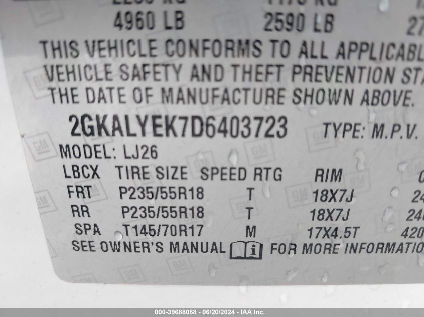 2013 GMC Terrain Denali VIN: 2GKALYEK7D6403723 Lot: 39688088