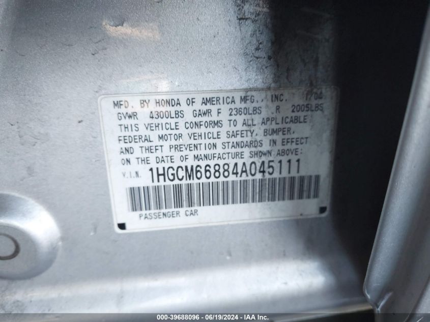 2004 Honda Accord Ex VIN: 1HGCM66884A045111 Lot: 39688096