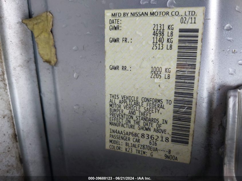 2011 Nissan Maxima S/Sv VIN: 1N4AA5AP6BC836218 Lot: 39688123