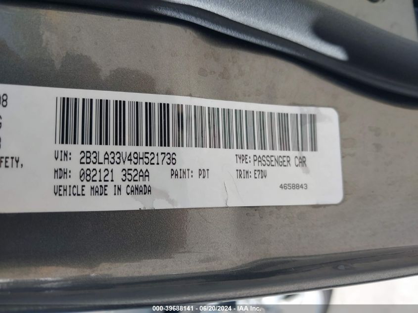 2009 Dodge Charger Sxt VIN: 2B3LA33V49H521736 Lot: 39688141