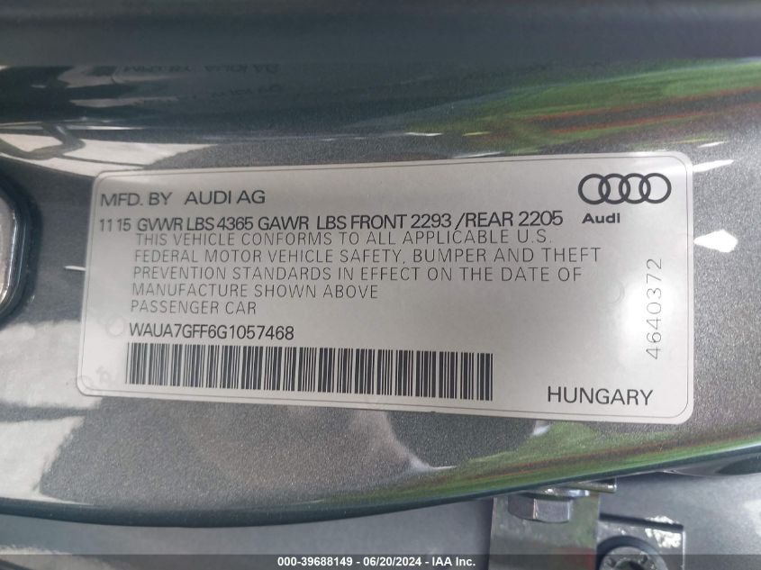 2016 Audi A3 1.8T Premium VIN: WAUA7GFF6G1057468 Lot: 39688149