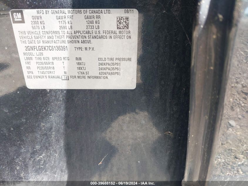 2012 Chevrolet Equinox Ltz VIN: 2GNFLGEK7C6136391 Lot: 39688152