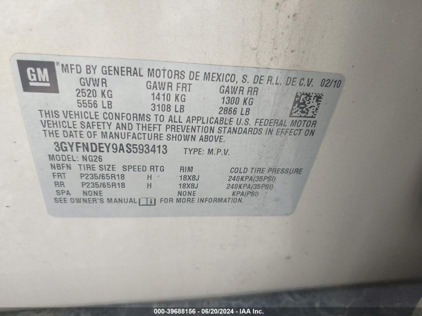 2010 Cadillac Srx Luxury Collection VIN: 3GYFNDEY9AS593413 Lot: 39688156