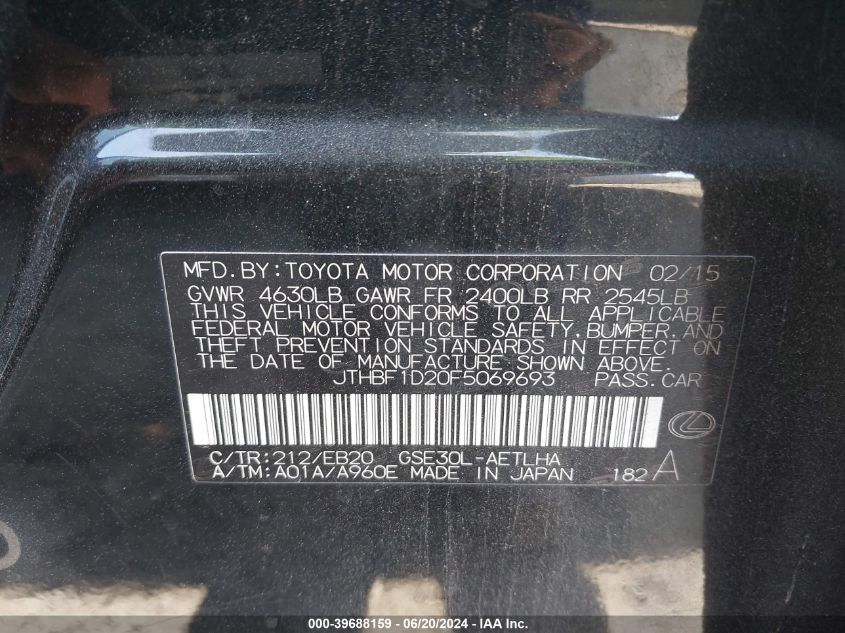 2015 Lexus Is 250 VIN: JTHBF1D20F5069693 Lot: 39688159