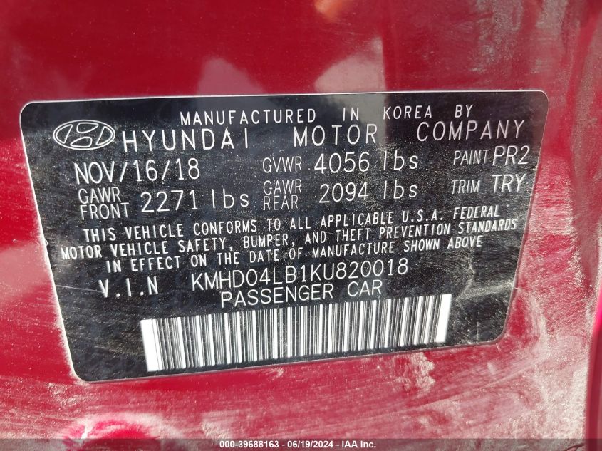 2019 Hyundai Elantra Sport VIN: KMHD04LB1KU820018 Lot: 39688163