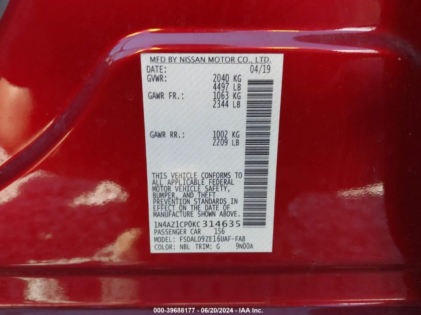 2019 Nissan Leaf Sv VIN: 1N4AZ1CP0KC314635 Lot: 39688177