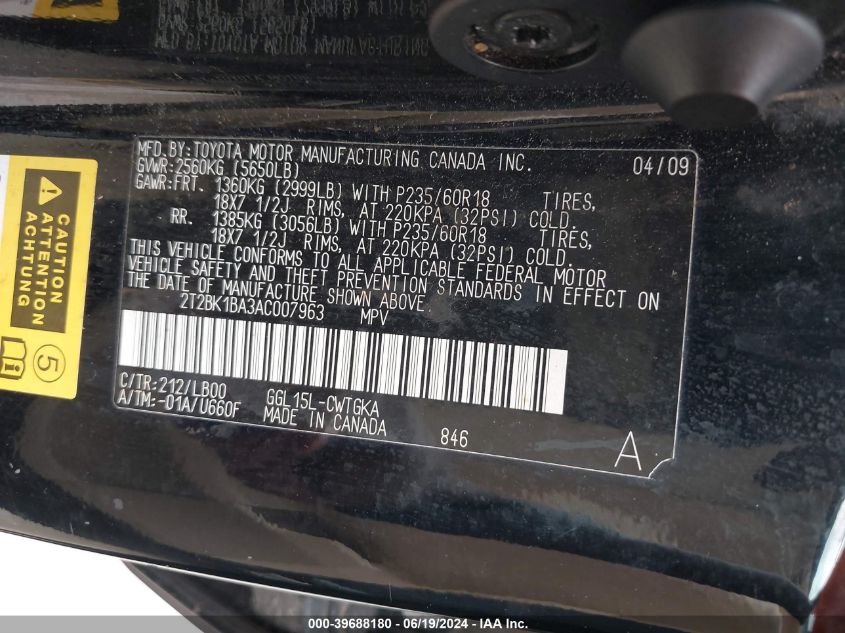 2010 Lexus Rx 350 VIN: 2T2BK1BA3AC007963 Lot: 39688180