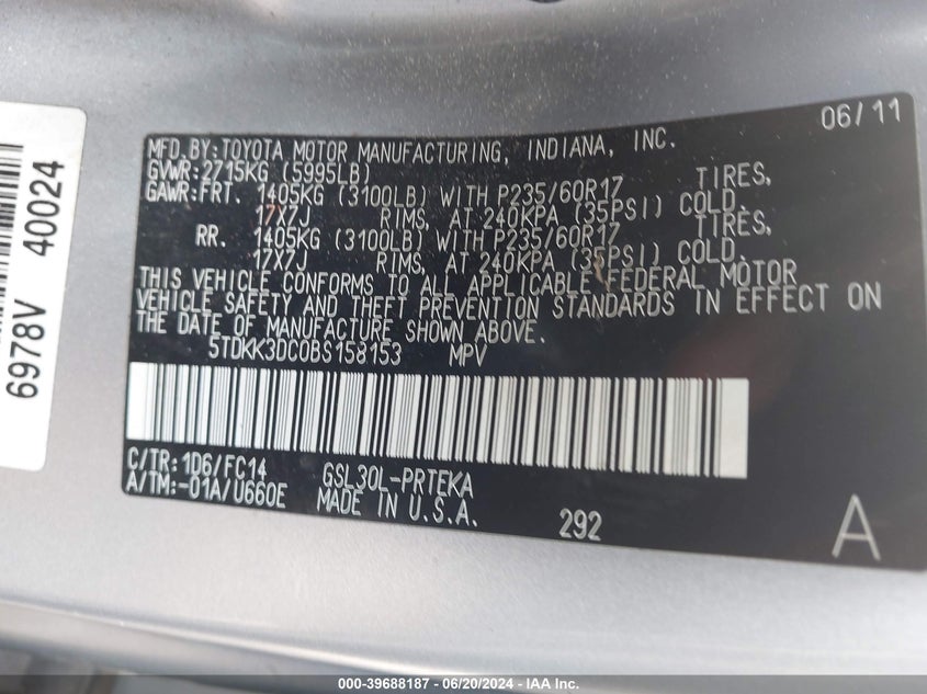 2011 Toyota Sienna Le V6 VIN: 5TDKK3DC0BS158153 Lot: 39688187