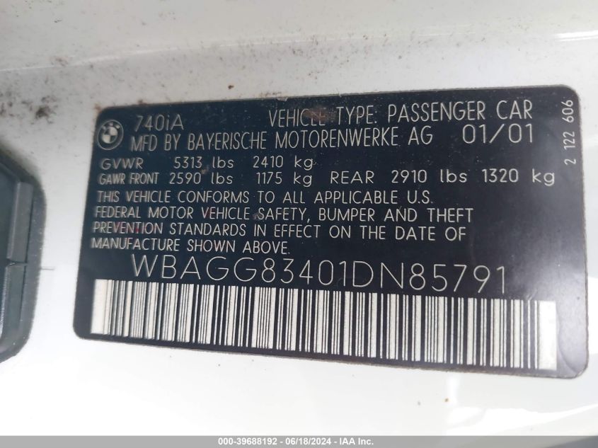 2001 BMW 740Ia VIN: WBAGG83401DN85791 Lot: 39688192