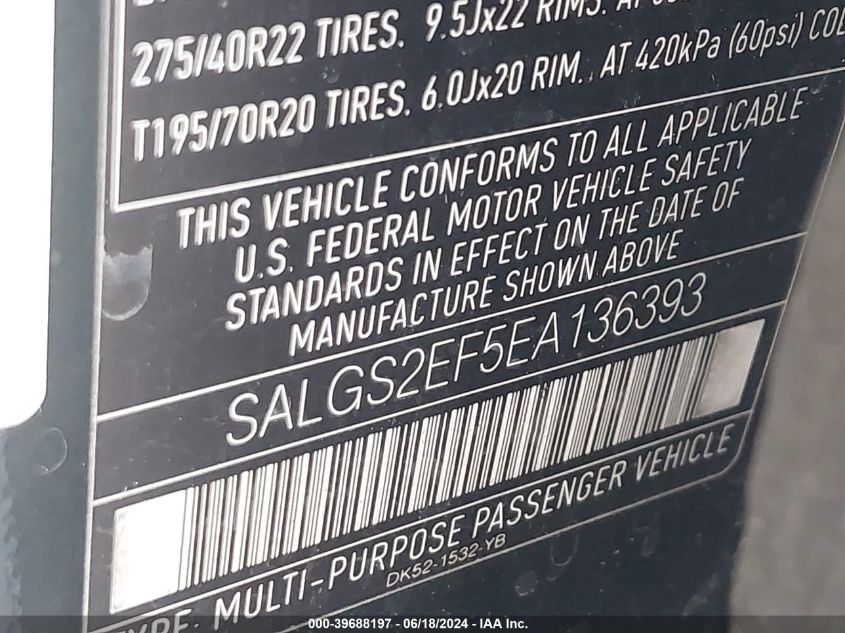 2014 Land Rover Range Rover 5.0L V8 Supercharged/5.0L V8 Supercharged Ebony Edition VIN: SALGS2EF5EA136393 Lot: 39688197