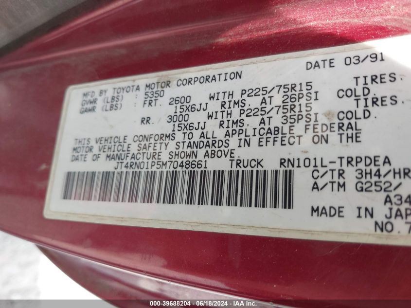 1991 Toyota Pickup 1/2 Ton Sht Wheelbase Dlx VIN: JT4RN01P5M7048661 Lot: 39688204