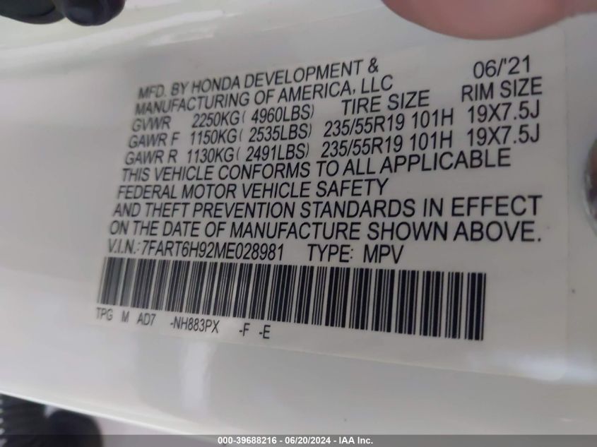 2021 Honda Cr-V Hybrid Touring VIN: 7FART6H92ME028981 Lot: 39688216