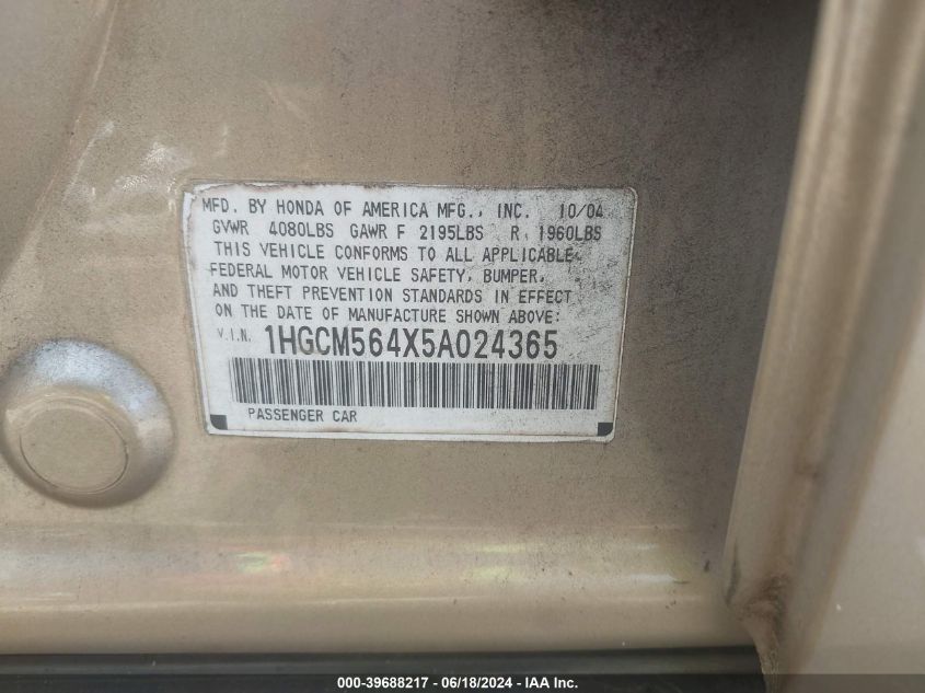 2005 Honda Accord 2.4 Lx VIN: 1HGCM564X5A024365 Lot: 39688217
