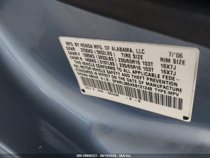 2006 Honda Odyssey Ex-L VIN: 5FNRL386X6B121248 Lot: 39688221