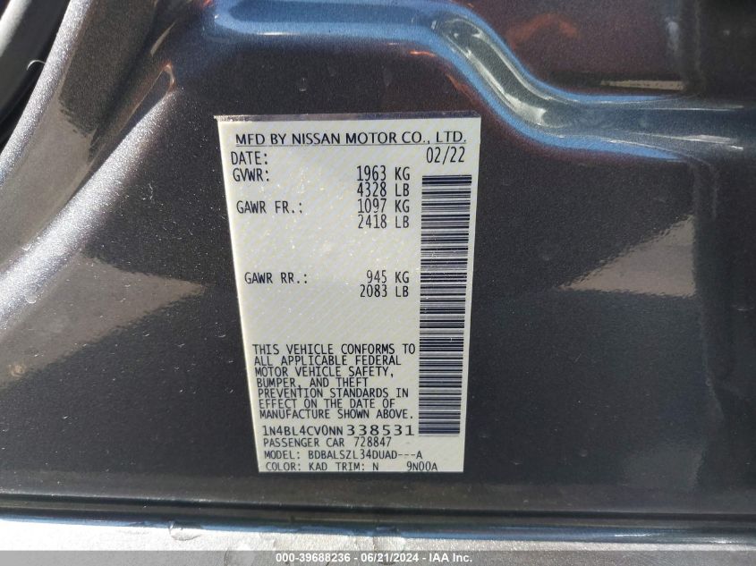 2022 Nissan Altima Sr VIN: 1N4BL4CV0NN338531 Lot: 39688236