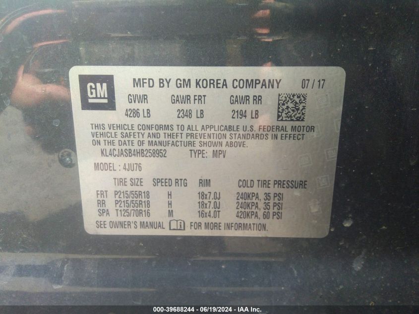 2017 Buick Encore Preferred VIN: KL4CJASB4HB258952 Lot: 39688244