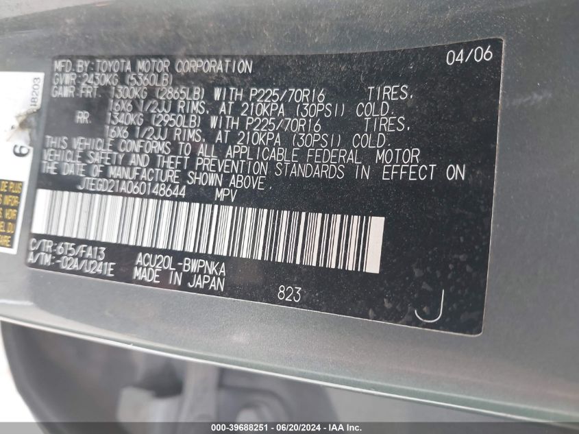 2006 Toyota Highlander VIN: JTEGD21A060148644 Lot: 39688251