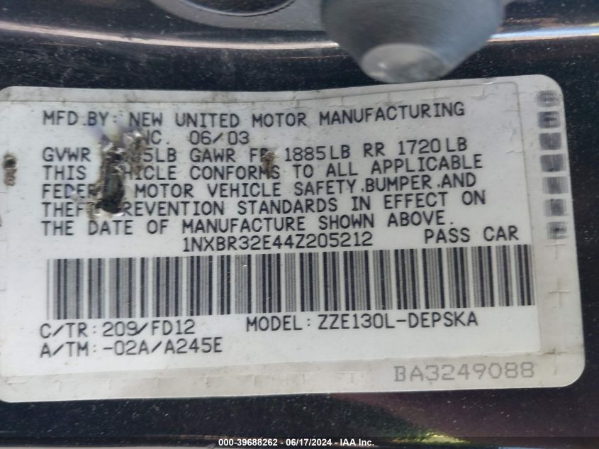 2004 Toyota Corolla S VIN: 1NXBR32E44Z205212 Lot: 39688262