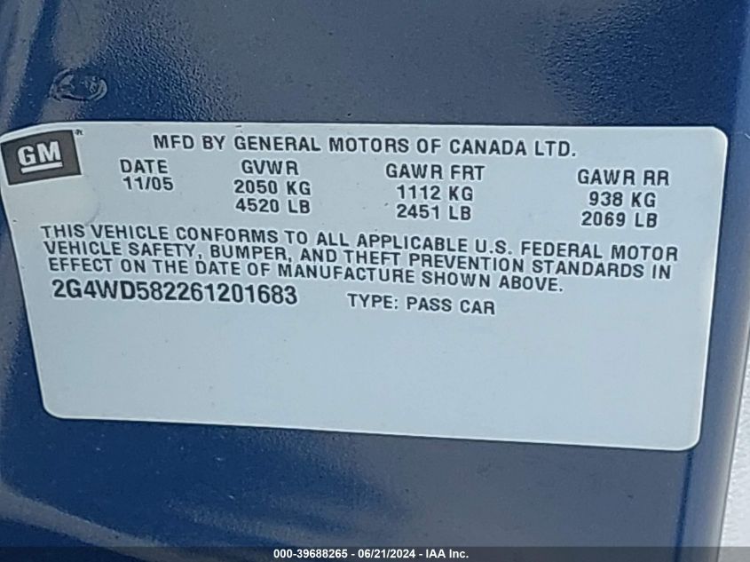 2006 Buick Lacrosse Cxl VIN: 2G4WD582261201683 Lot: 39688265