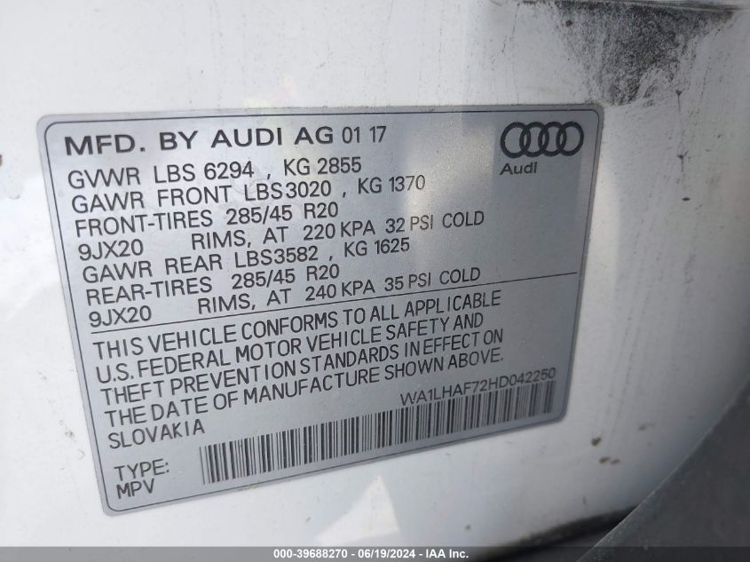 WA1LHAF72HD042250 2017 Audi Q7 2.0T Premium