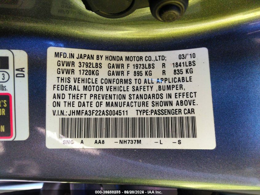 2010 Honda Civic Hybrid VIN: JHMFA3F22AS004511 Lot: 39688275