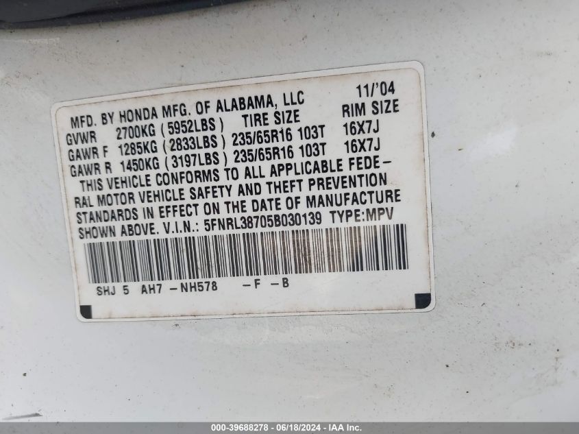 2005 Honda Odyssey Ex-L VIN: 5FNRL38705B030139 Lot: 39688278