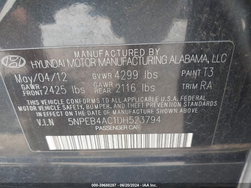 2013 Hyundai Sonata Gls VIN: 5NPEB4AC1DH523794 Lot: 39688287