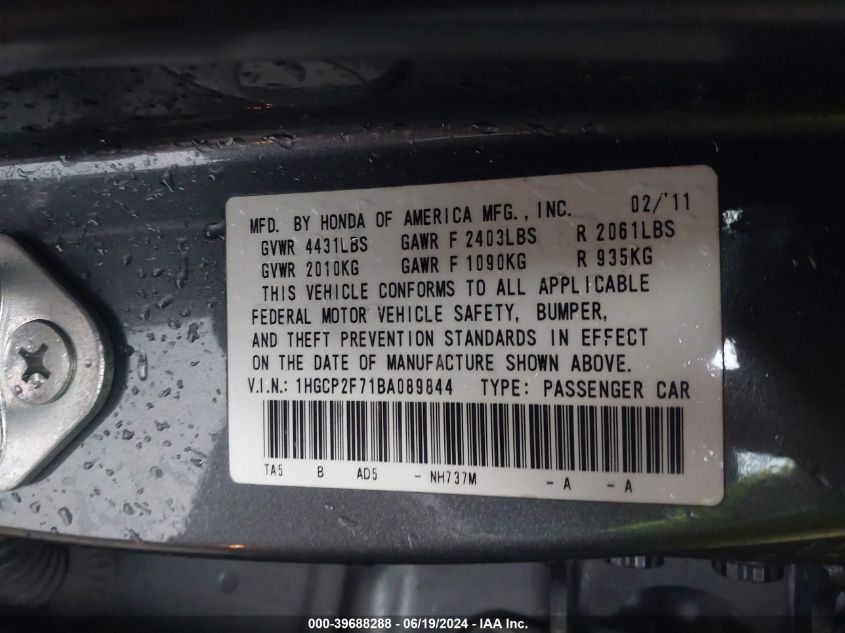 2011 Honda Accord Ex VIN: 01HGCP2F71BA08984 Lot: 39688288