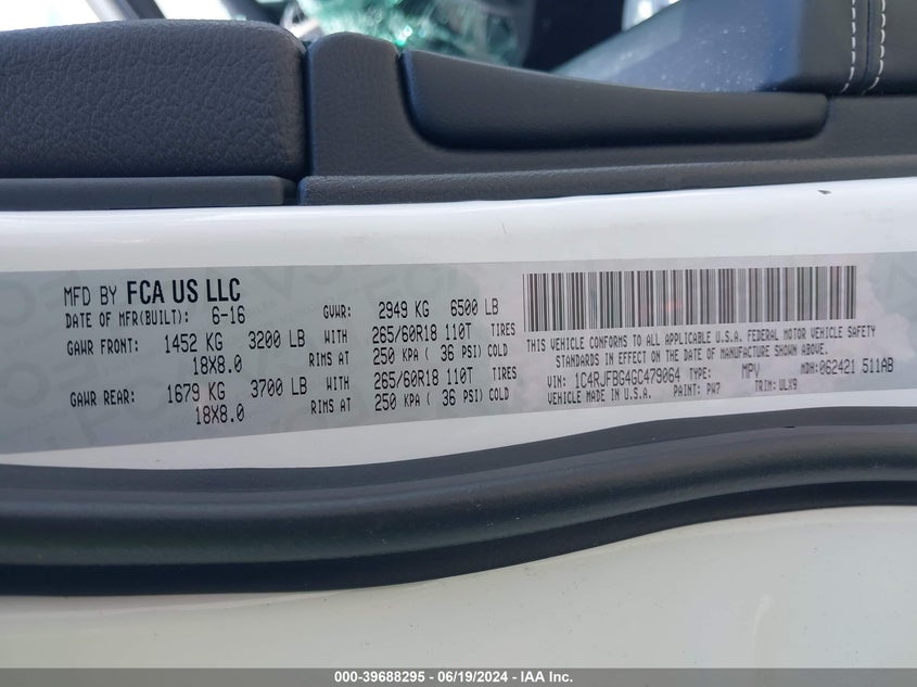 2016 Jeep Grand Cherokee Limited VIN: 1C4RJFBG4GC479064 Lot: 39688295