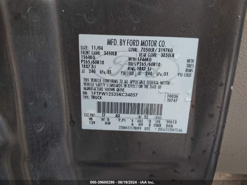 2005 Ford F-150 Lariat/Xlt VIN: 1FTPW12535KC34057 Lot: 39688298