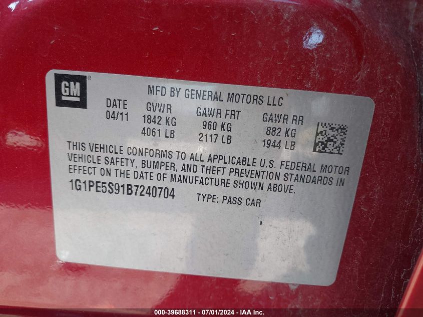 2011 Chevrolet Cruze Lt VIN: 1G1PE5S91B7240704 Lot: 39688311