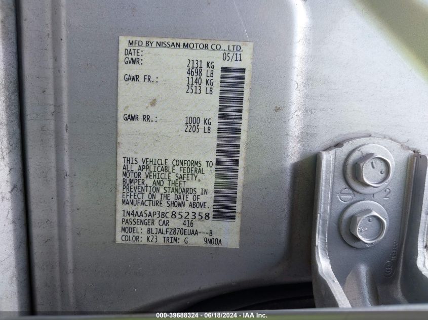 2011 Nissan Maxima 3.5 Sv VIN: 1N4AA5AP3BC852358 Lot: 39688324