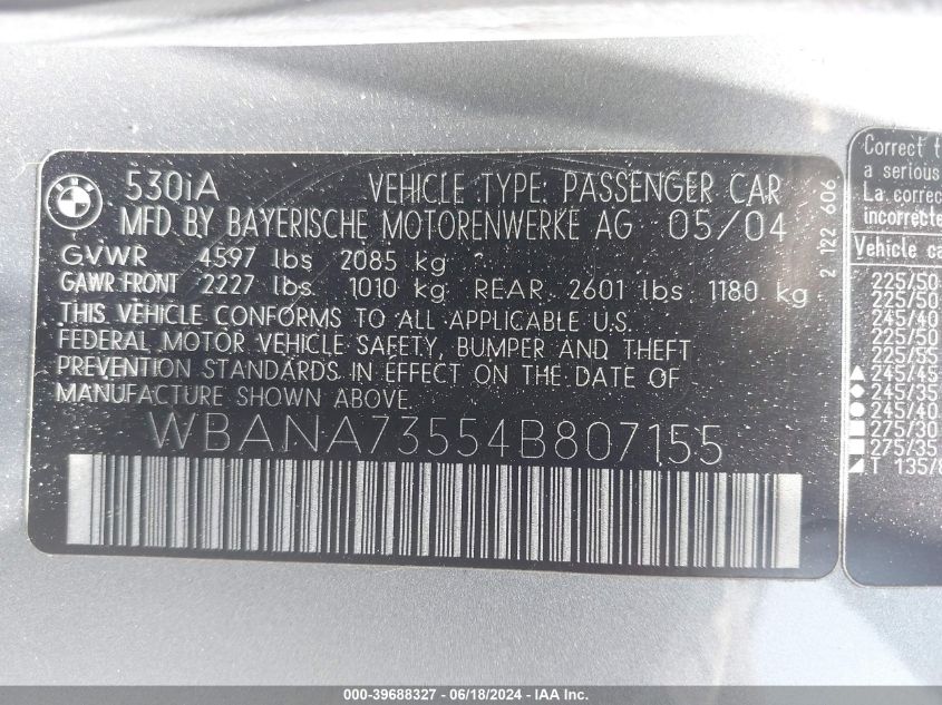 2004 BMW 530I VIN: WBANA73554B807155 Lot: 39688327
