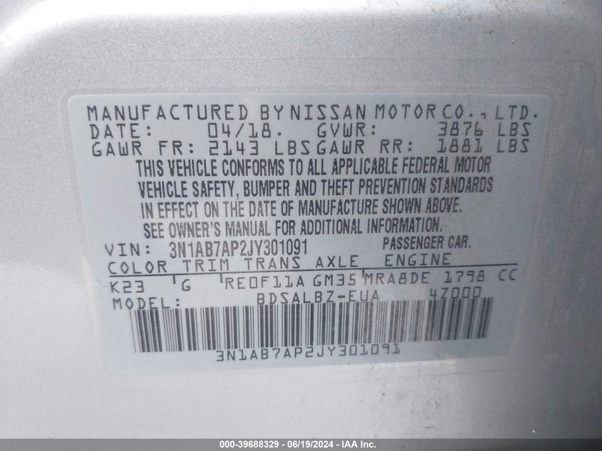 2018 Nissan Sentra S VIN: 3N1AB7AP2JY301091 Lot: 39688329