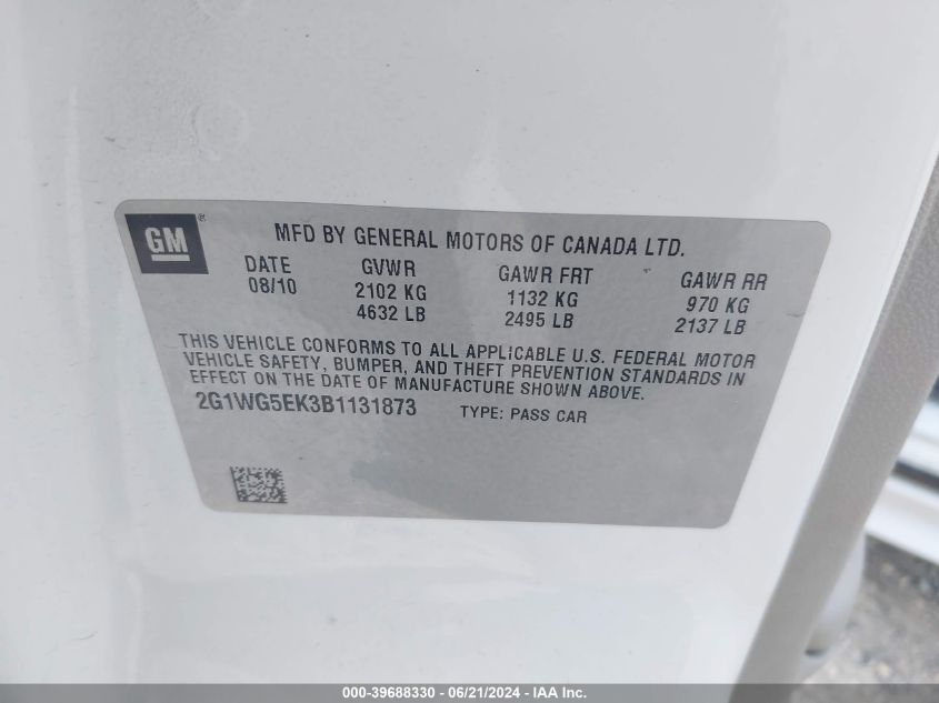 2011 Chevrolet Impala Lt VIN: 2G1WG5EK3B1131873 Lot: 39688330