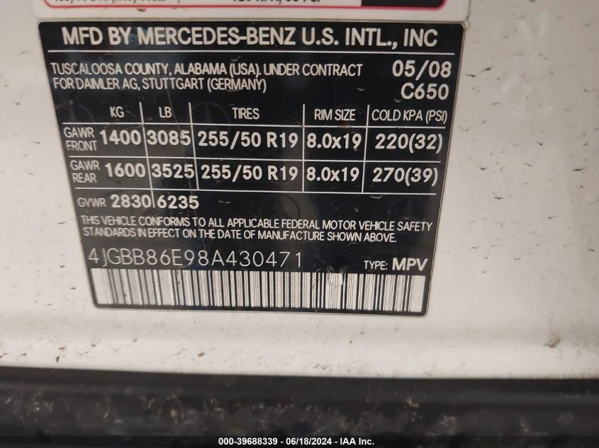 2008 Mercedes-Benz Ml 350 4Matic VIN: 4JGBB86E98A430471 Lot: 39688339