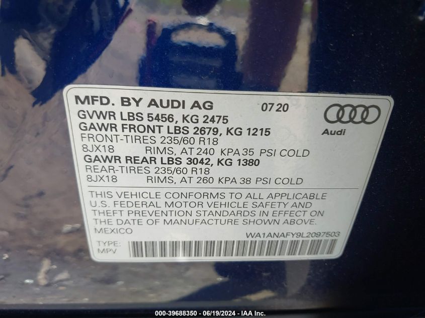 2020 Audi Q5 Premium 45 Tfsi Quattro S Tronic VIN: WA1ANAFY9L2097503 Lot: 39688350