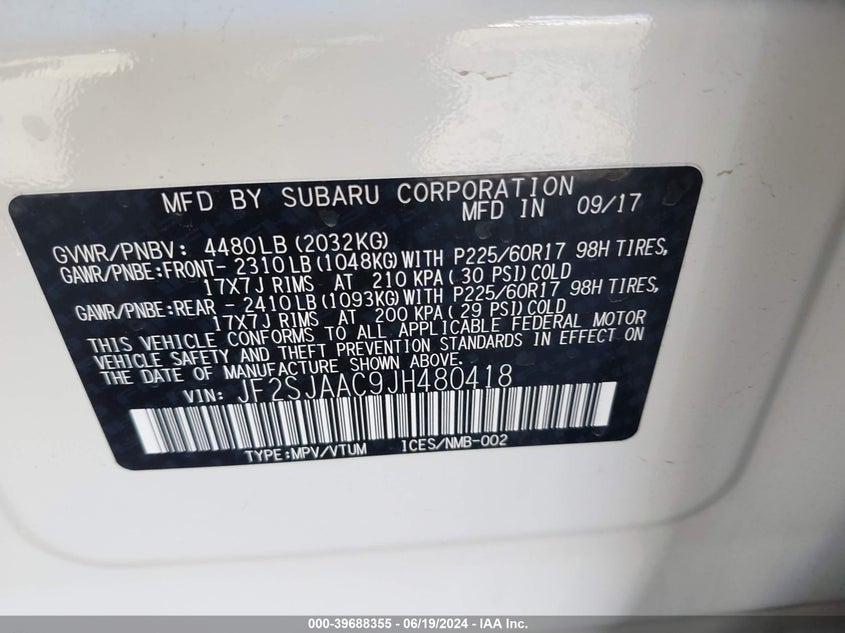 2018 Subaru Forester 2.5I VIN: JF2SJAAC9JH480418 Lot: 39688355