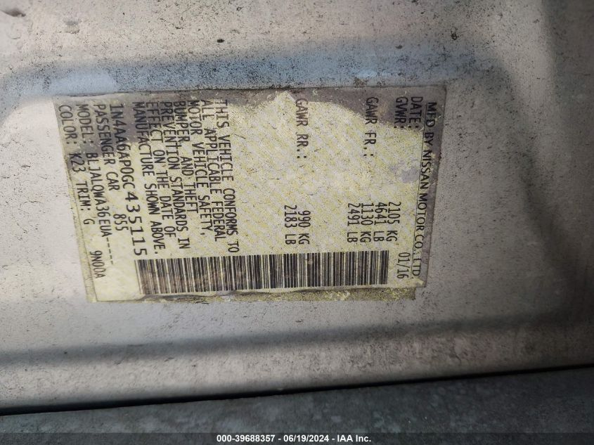 2016 Nissan Maxima 3.5S/Sv/Sl/Sr/Plat VIN: 1N4AA6AP0GC435115 Lot: 39688357