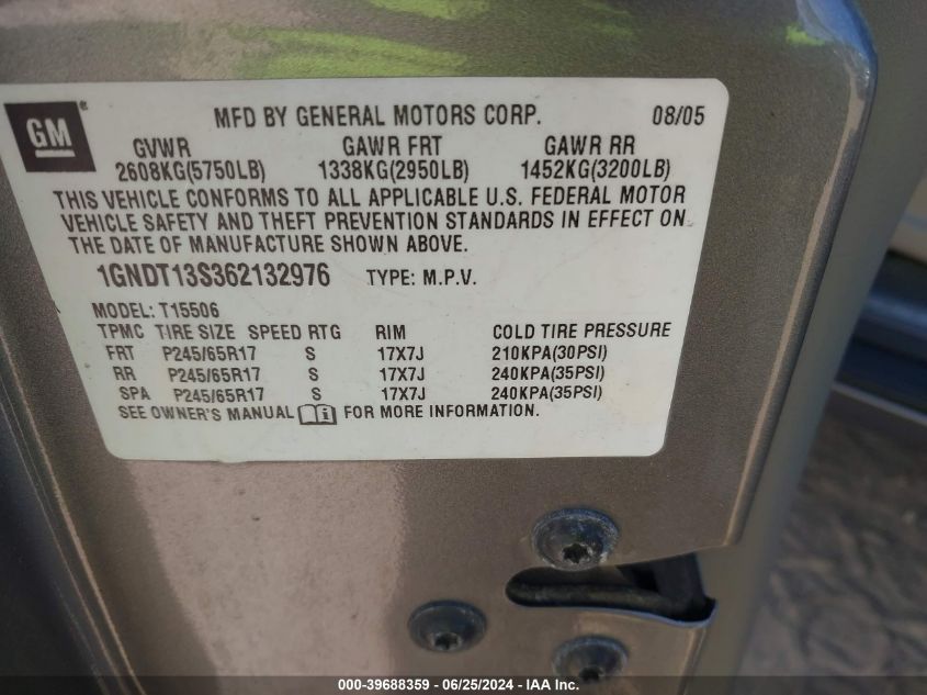 2006 Chevrolet Trailblazer Ls/Lt VIN: 1GNDT13S362132976 Lot: 39688359