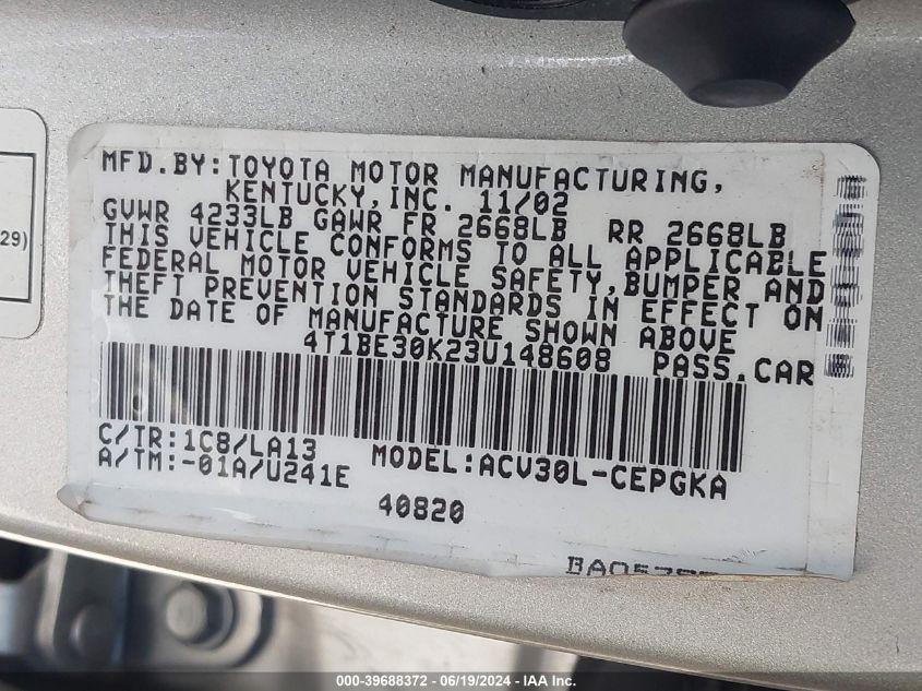 2003 Toyota Camry Le/Xle/Se VIN: 4T1BE30K23U148608 Lot: 39688372