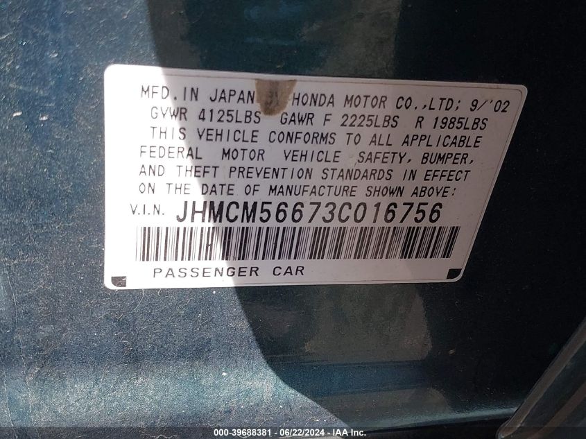 JHMCM56673C016756 2003 Honda Accord 2.4 Ex