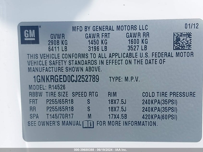 2012 Chevrolet Traverse 1Lt VIN: 1GNKRGED0CJ252789 Lot: 39688388