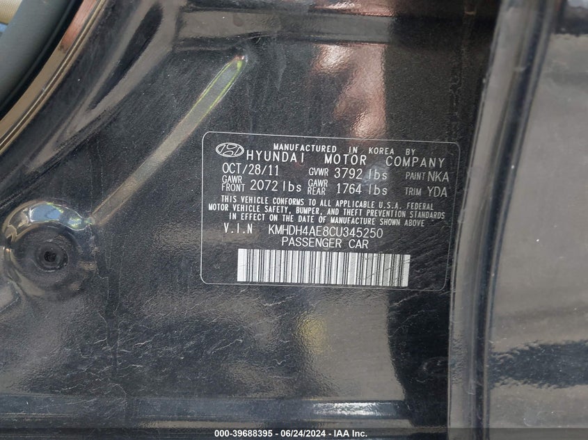 2012 Hyundai Elantra Gls (Ulsan Plant) VIN: KMHDH4AE8CU345250 Lot: 39688395